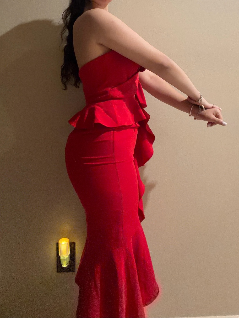 Strapless Red Ruffle Midi Dress - Picture 4 of 4